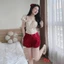 Set Bộ Nữ Áo Mango Hoa Nhí Cổ Vuông Thắt Nơ Dáng Corset Mix Quần Short Kaki Đỏ Đô Siêu Tôn Da