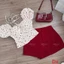 Set Bộ Nữ Áo Mango Hoa Nhí Cổ Vuông Thắt Nơ Dáng Corset Mix Quần Short Kaki Đỏ Đô Siêu Tôn Da