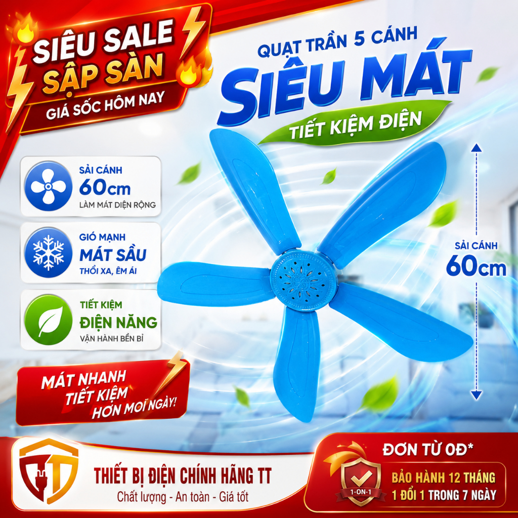 Quạt treo mùng 5 cánh 60cm siêu mát, quạt treo màn gió mạnh cho phòng trọ