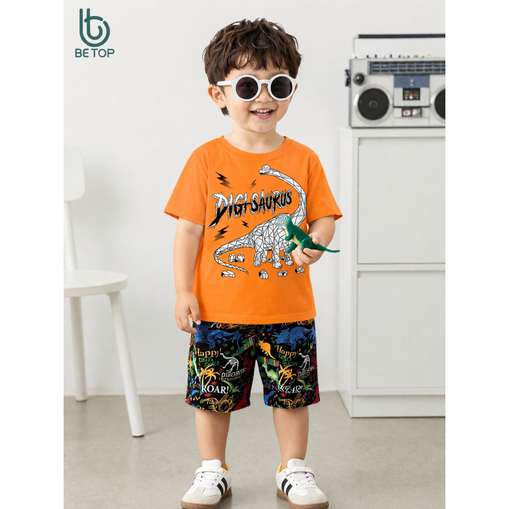 Áo Thun Bé Trai Digi Saurus BETOP, Áo Phông Khủng Long Cotton Mềm Mịn, Hình In Cao Cấp Co Giãn Cho Bé 12-45kg