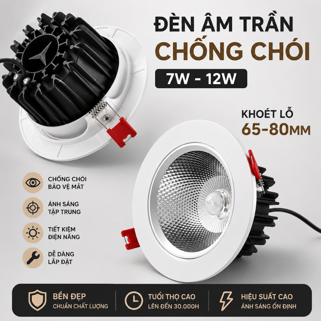 Đèn Led Âm Trần Chống Chói Spotlight 7w 12w khoét lỗ D75/D90 xoay góc Chip COB trang trí phòng khách phòng ngủ hành lang