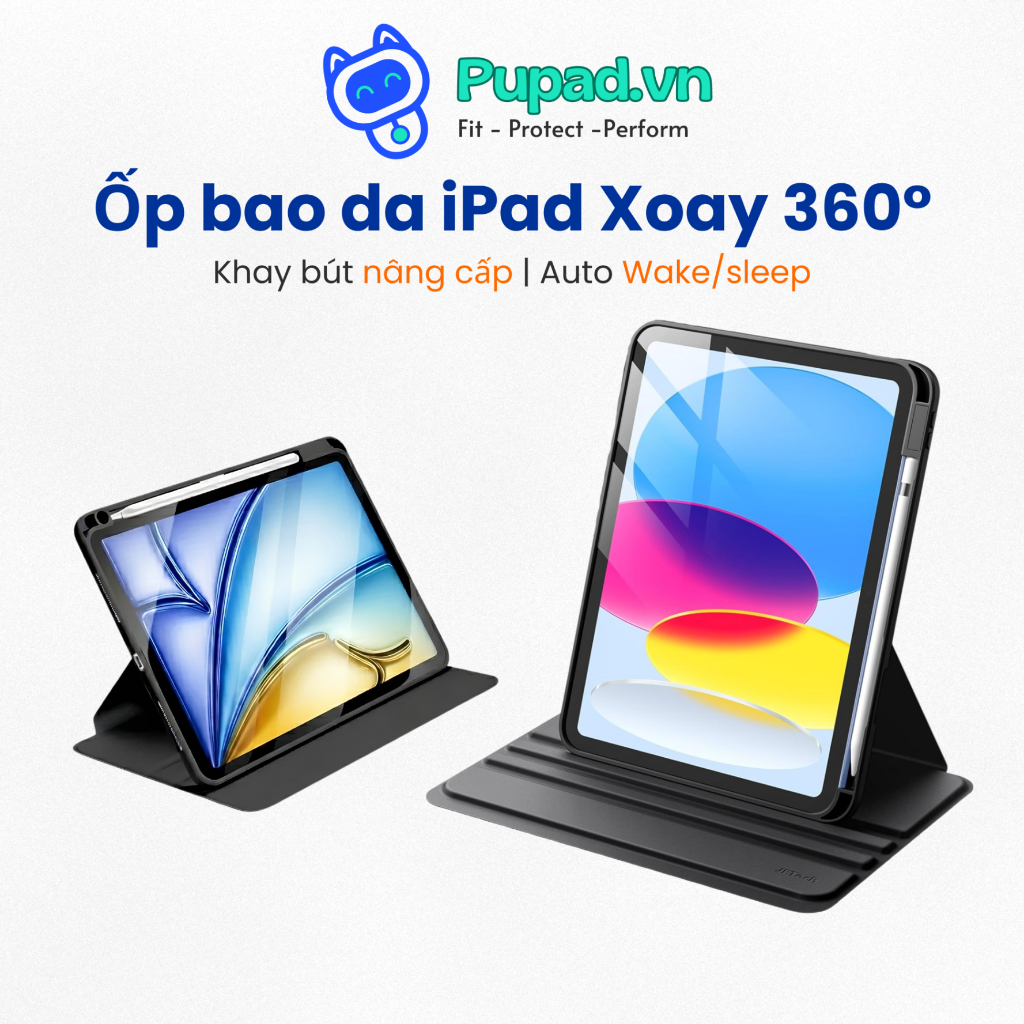 Ôp Lưng Cho iPad A16 Gen 10/11 Pro 11 12.9 13 Air M2 M3 M4 Xoay 360°, Có Khay Đựng Bút - PUPAD P07