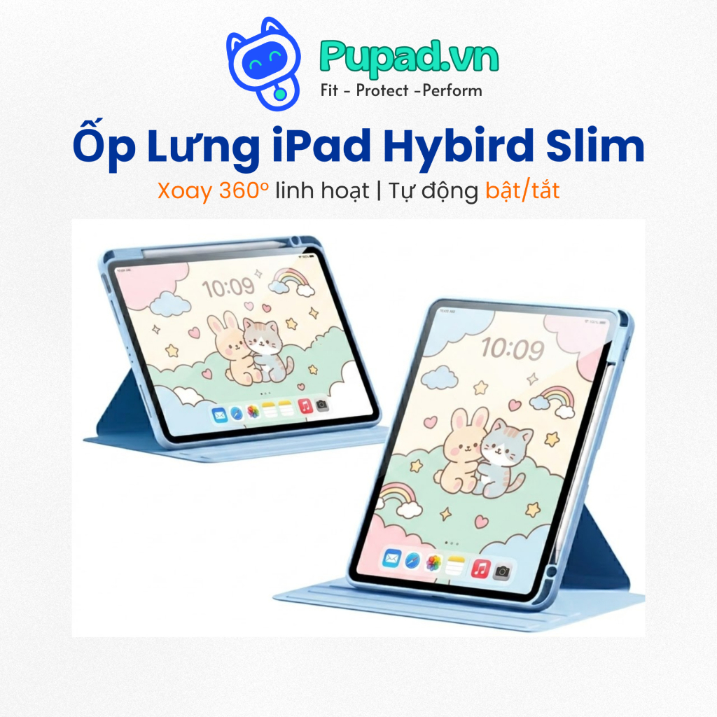 Ốp Lưng iPad Xoay 360° PUPAD P07 | Khay Sạc Bút, Mặt Lưng Kính Acrylic Cho A16 Gen10/11 Pro11 Air6/7
