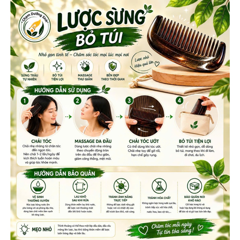 Lược Sừng Bỏ Túi Cao Cấp – Chống Tĩnh Điện,Chải Tóc Mượt,Nhỏ Gọn Mang Theo Mỗi Ngày