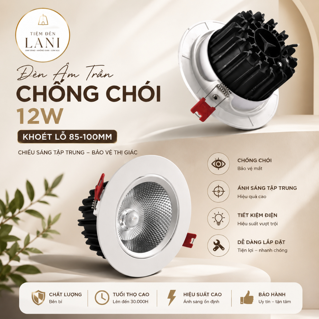 Đèn Led Âm Trần Chống Chói Spotlight 12w xoay góc Chip COB Khoét lỗ D90mm trang trí phòng khách phòng ngủ hành lang