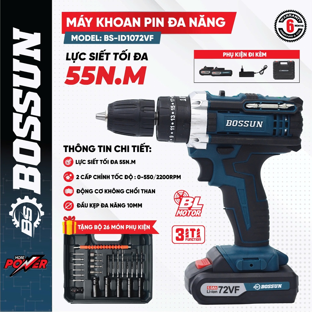 [Tặng phụ kiện] Bộ máy khoan giá đình đa năng BS BOSSUN BS-ID1072VF, Lực 55Nm, 3 chức năng khoan vít