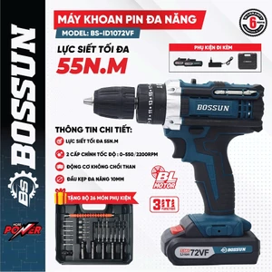 Bộ máy khoan giá đình đa năng BS BOSSUN BS-ID1072VF, Lực 55Nm, 3 chức năng khoan vít