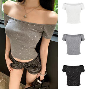 Áo Thun Nữ Trễ Vai Ôm Body Họa Tiết Ngôi Sao Tay Ngắn Dáng Croptop Cá Tính