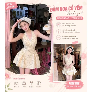 Đầm yếm váy ngắn hoa nhí váy yếm cổ chữ V phối ren dáng xòe tôn dáng tiểu thưchất đũi mát