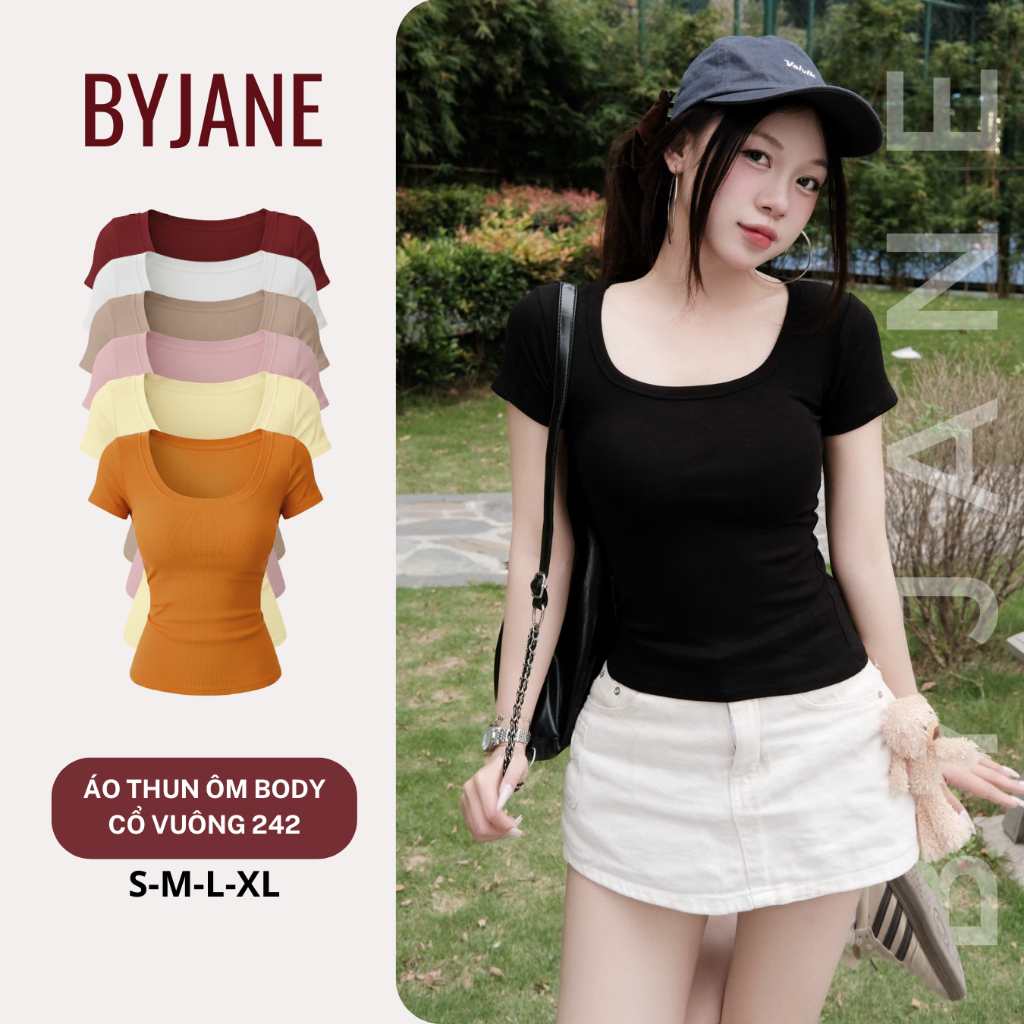 Áo Thun Nữ Cổ Vuông Ôm Body Tay Ngắn Cotton Co Giãn 4 Chiều Mềm Mịn Tôn Dáng Basic BYJANE – 242