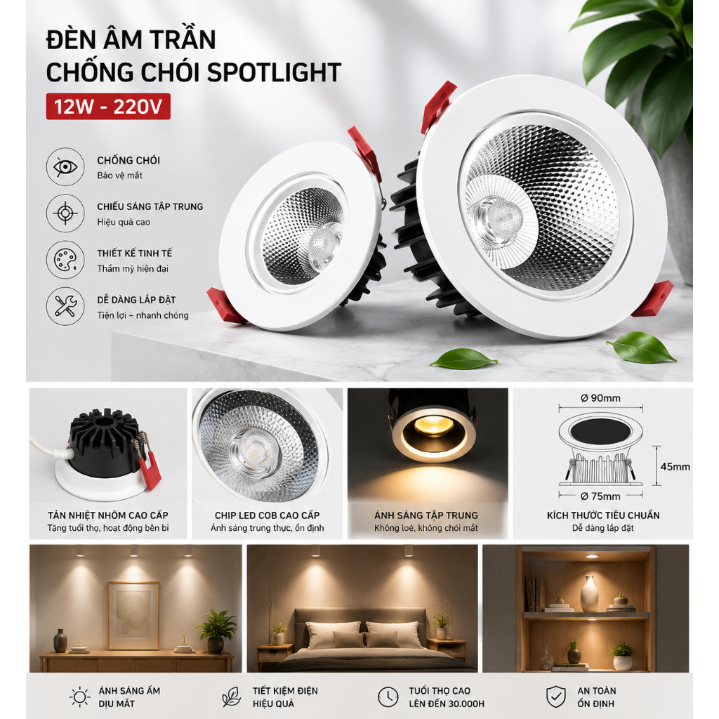 Đèn Led Âm Trần Chống Chói Spotlight 7w xoay góc Chip COB Khoét lỗ D75mm trang trí phòng khách phòng ngủ hành lang