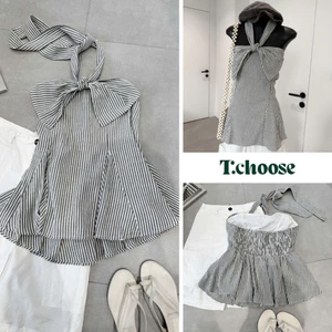 Áo quây kẻ buộc nơ trước ngực dáng xòe, áo cổ yếm 9132 TCHOOSE