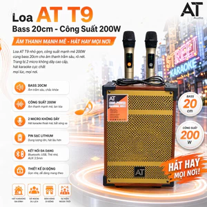 Loa AT T9 Bass 20cm - Công Suất 200W, Đi Kèm 2 Micro Đa Năng, Hát Nhẹ, Thu Âm Tốt, Nghe Nhạc Hát Hay, Mic Nhẹ Vang Hay