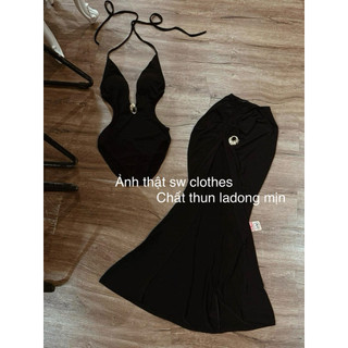 Set đi biển 2 món áo jumpsuit cột yếm khoét eo đính cham + chân váy fom đuôi cá xẻ tà sang chảnh ( Freesize < 55kg )