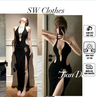 Set đi biển 2 món áo jumpsuit cột yếm khoét eo đính cham + chân váy fom đuôi cá xẻ tà sang chảnh ( Freesize < 55kg )