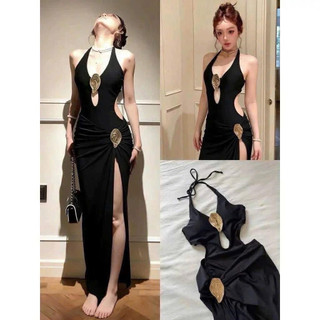 Set đi biển 2 món áo jumpsuit cột yếm khoét eo đính cham + chân váy fom đuôi cá xẻ tà sang chảnh ( Freesize < 55kg )