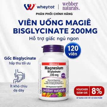 Viên uống bổ sung magie Webber Naturals Magnesium Bisglycinate 200mg hỗ trợ giấc ngủ ngon (Lọ 120 viên)
