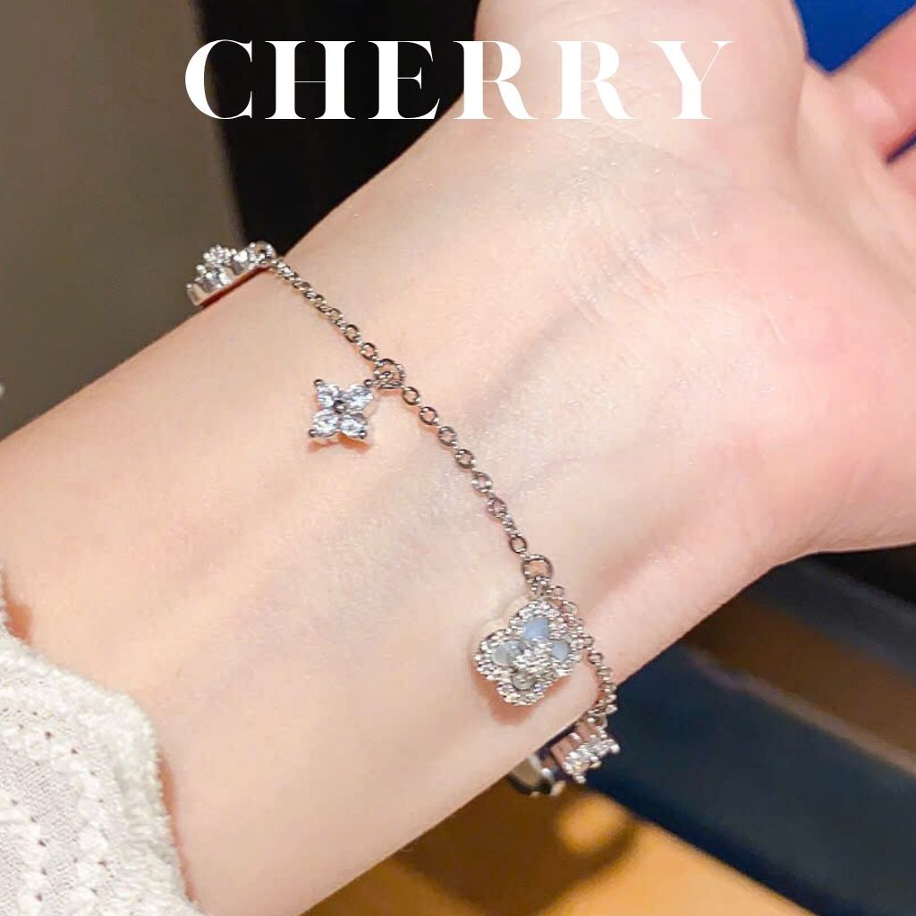 Set vòng cổ, vòng tay nữ cỏ 4 lá titan CHERRY JEWELRY đính đá may mắn phụ kiện thời trang cao cấp