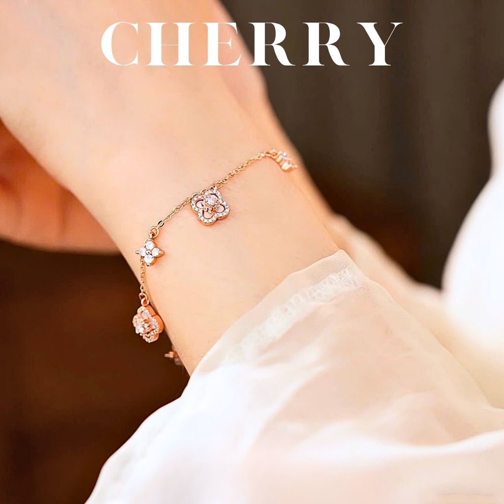 Set vòng cổ, vòng tay nữ cỏ 4 lá titan CHERRY JEWELRY đính đá may mắn phụ kiện thời trang cao cấp