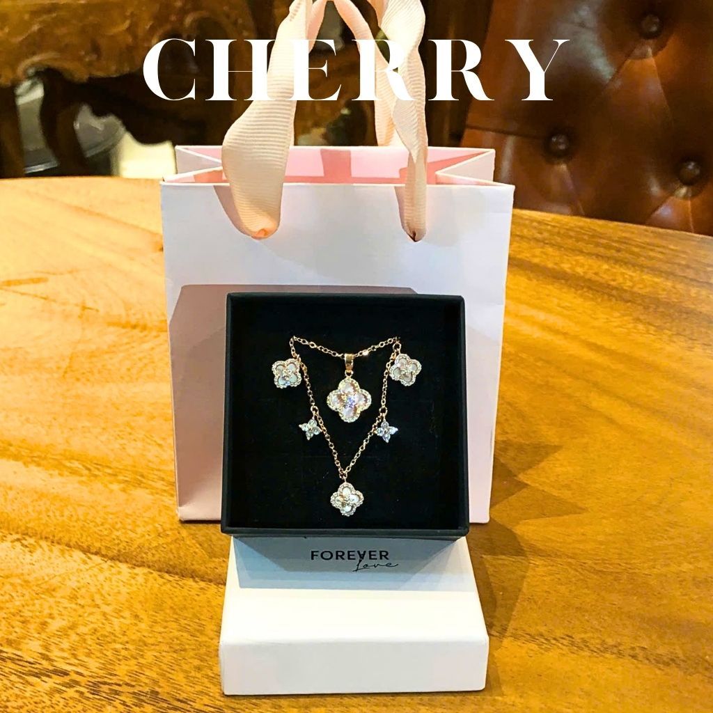 Set vòng cổ, vòng tay nữ cỏ 4 lá titan CHERRY JEWELRY đính đá may mắn phụ kiện thời trang cao cấp