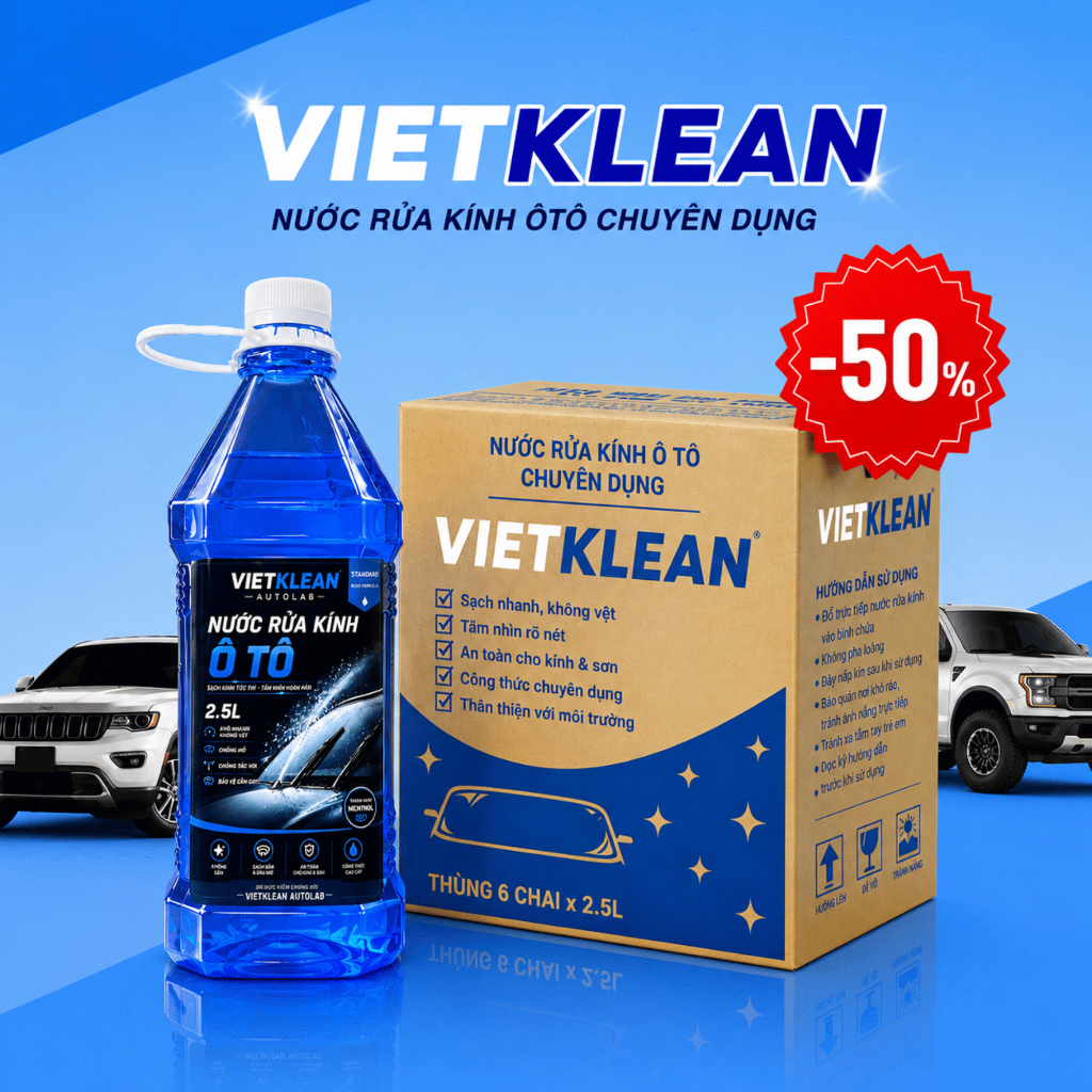 [CAN TO 2 Lít Rưỡi ]1 thùng nước rửa kính ô tô không cặn chính hãng VIETKLEAN, Tẩy sạch kính, bay vết bẩn, vết ố