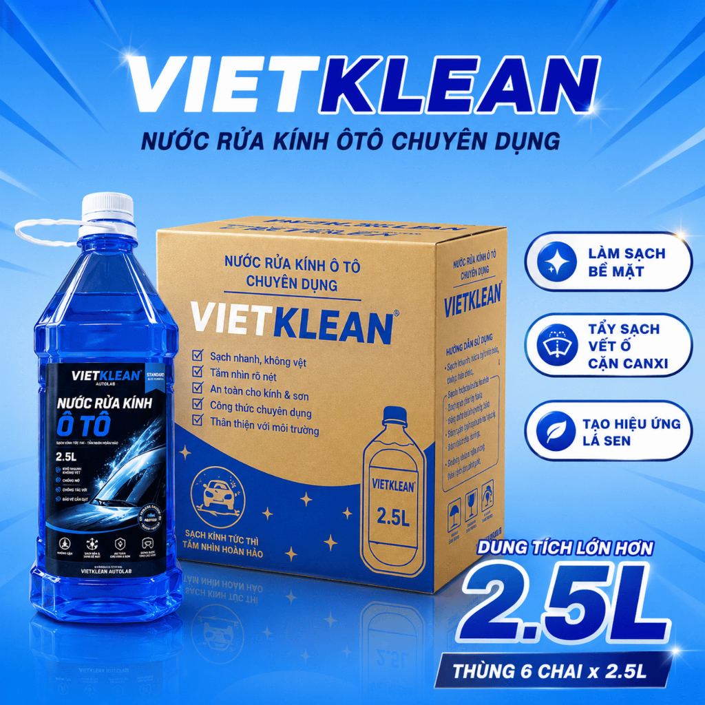 [CAN TO 2 Lít Rưỡi ]1 thùng nước rửa kính ô tô không cặn chính hãng VIETKLEAN, Tẩy sạch kính, bay vết bẩn, vết ố