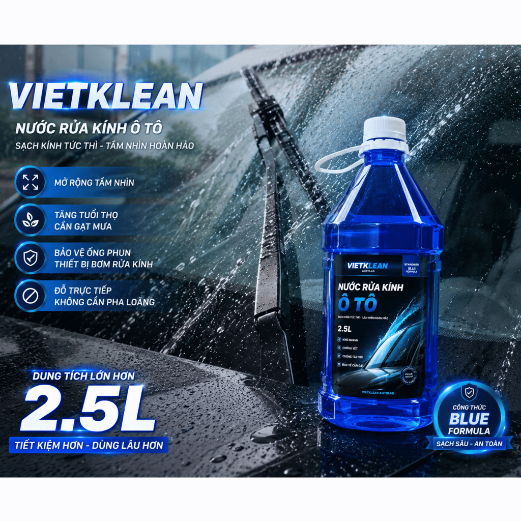 [CAN TO 2 Lít Rưỡi ]1 thùng nước rửa kính ô tô không cặn chính hãng VIETKLEAN, Tẩy sạch kính, bay vết bẩn, vết ố