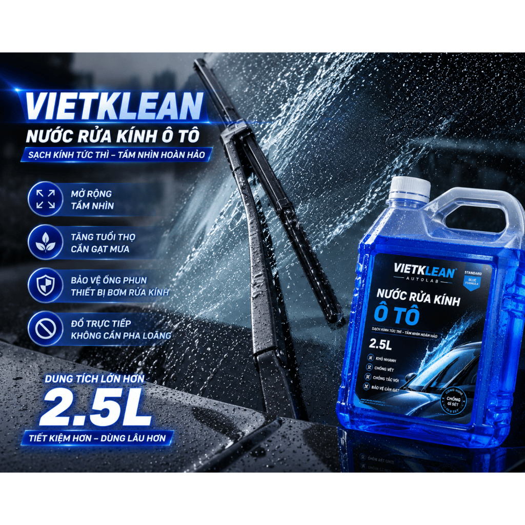 [CAN TO 2 Lít Rưỡi ]1 thùng nước rửa kính ô tô không cặn chính hãng VIETKLEAN, Tẩy sạch kính, bay vết bẩn, vết ố