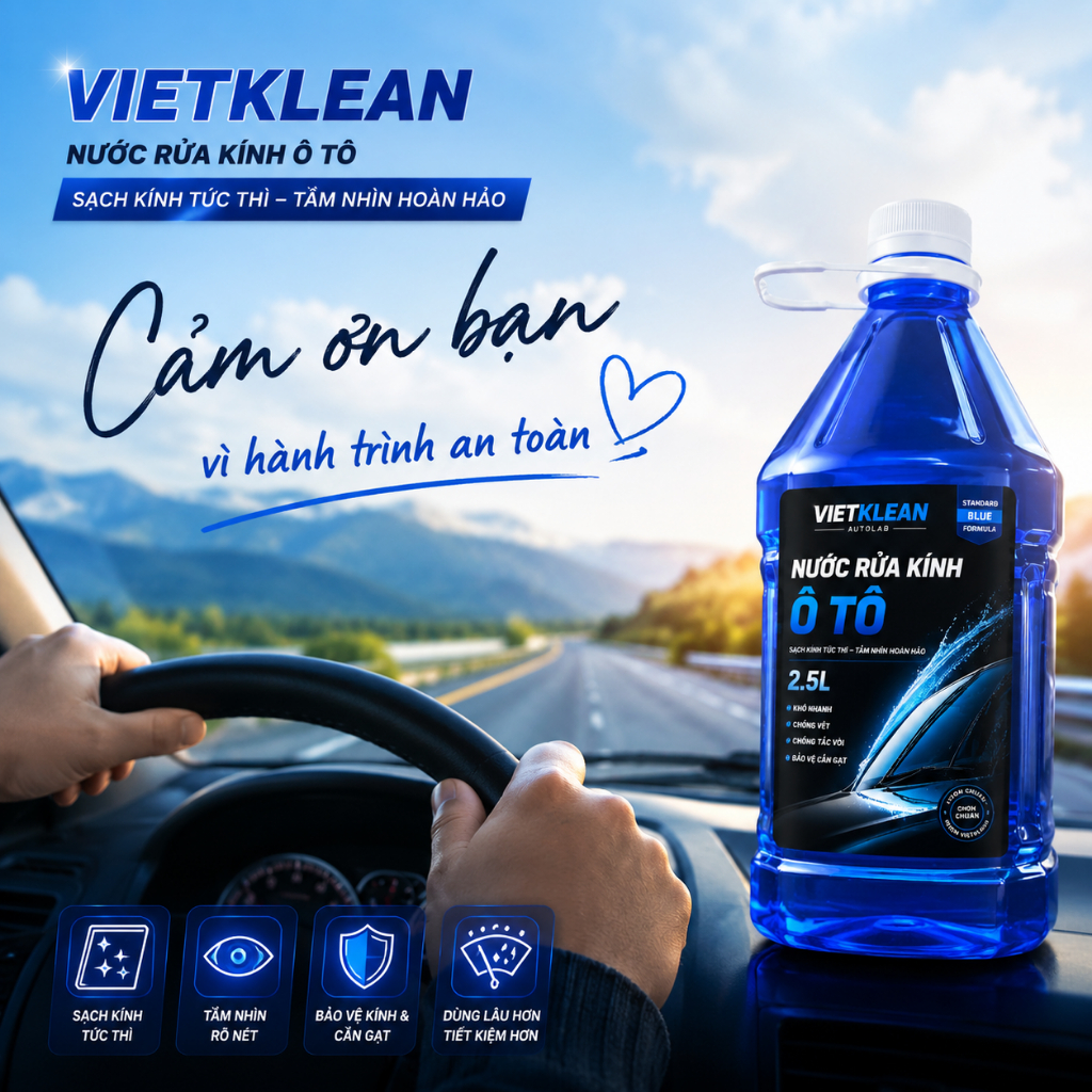[CAN TO 2 Lít Rưỡi ]1 thùng nước rửa kính ô tô không cặn chính hãng VIETKLEAN, Tẩy sạch kính, bay vết bẩn, vết ố