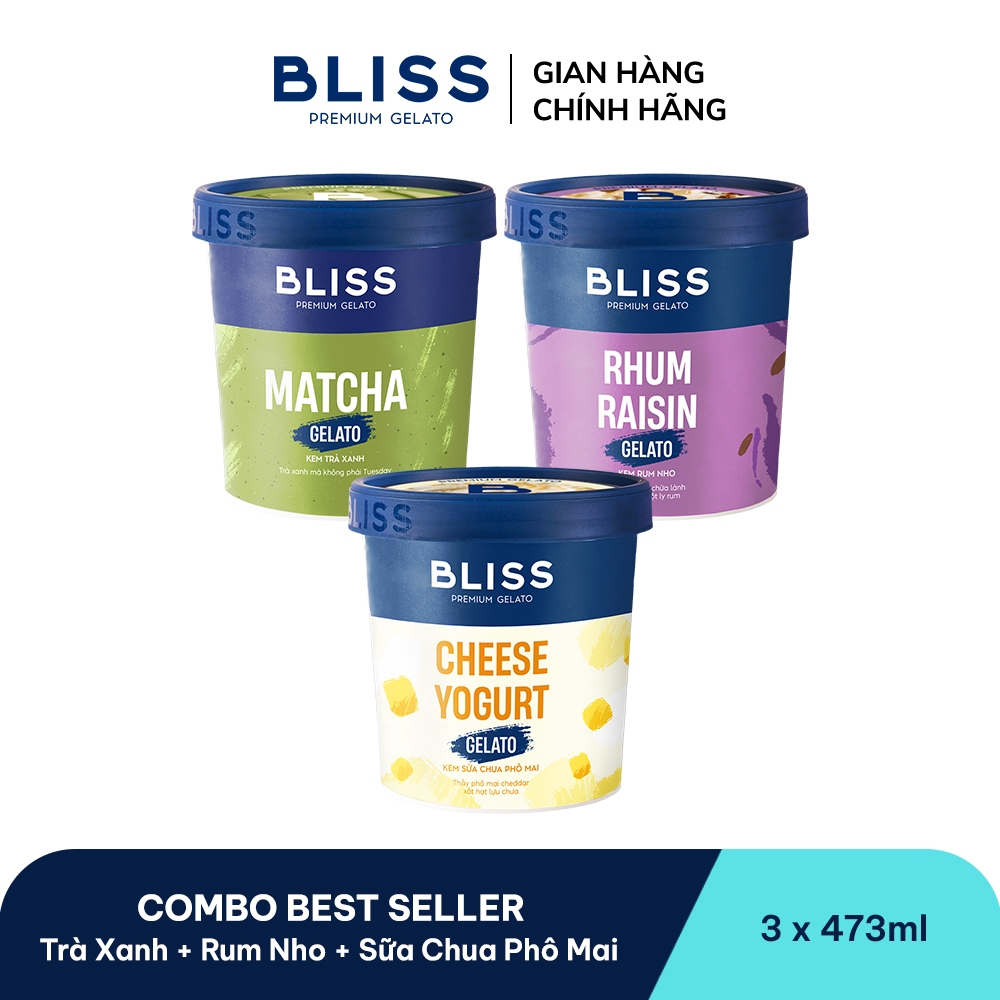 [Hỏa tốc HN/HCM] Combo kem BLISS BEST SELLER (3 hộp x 473ml): Trà Xanh, Rum Nho, Sữa Chua Phô Mai