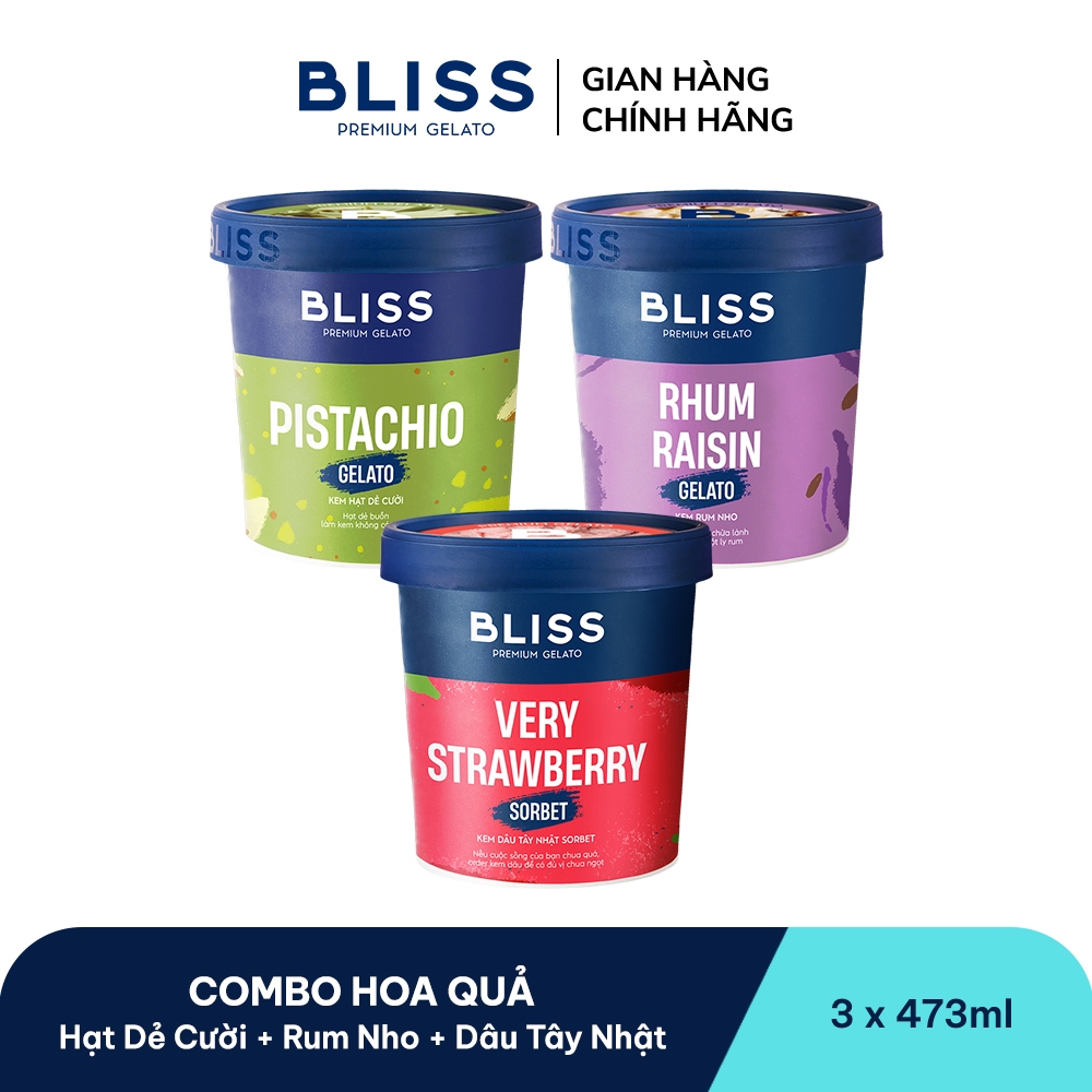 [Hỏa tốc HN/HCM] Combo kem BLISS HOA QUẢ HẠT (3 hộp x 473ml): Hạt Dẻ Cười, Rum Nho, Dâu Tây Nhật