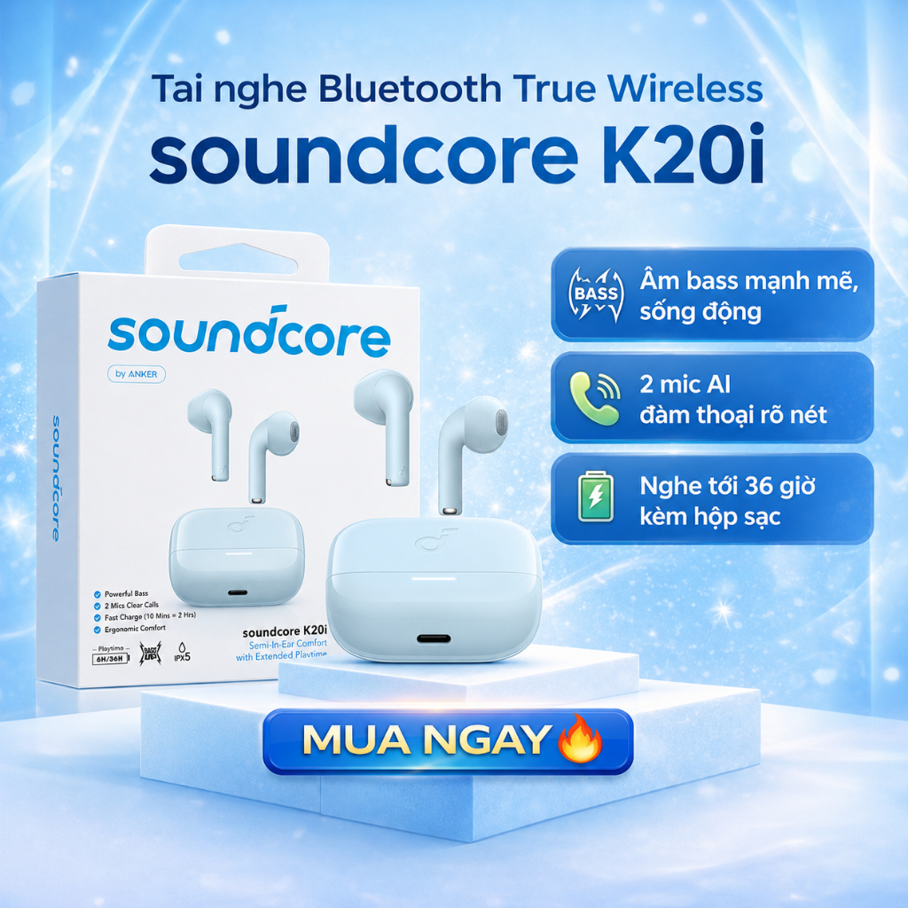 Tai nghe Soundcore K20i Anker Bluetooth 5.3 không dây 36 giờ pin chống nước IPX5