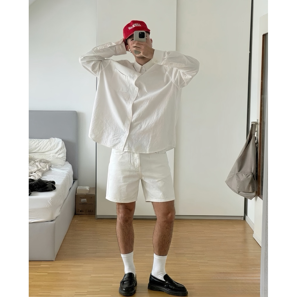 Quần Short Jeans Nam Trơn Form Rộng Trên Gối Denim 360GSM Unisex Màu Trắng Kem Nâu TMT.STU | TMTD19