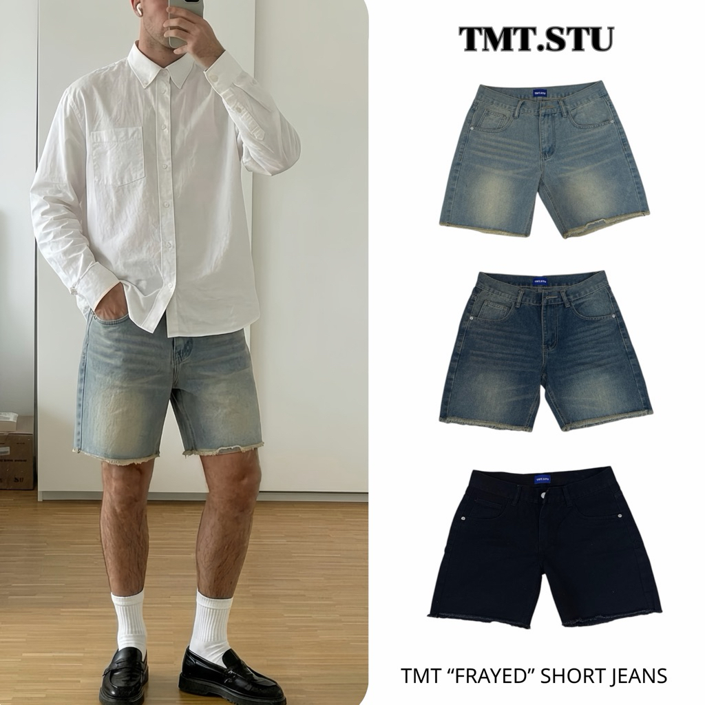 Quần Short Jeans Nam Wash Trơn Tưa Ống Form Rộng Trên Gối Jean Cotton Basic Unisex Local Brand TMT.STU | TMTD06