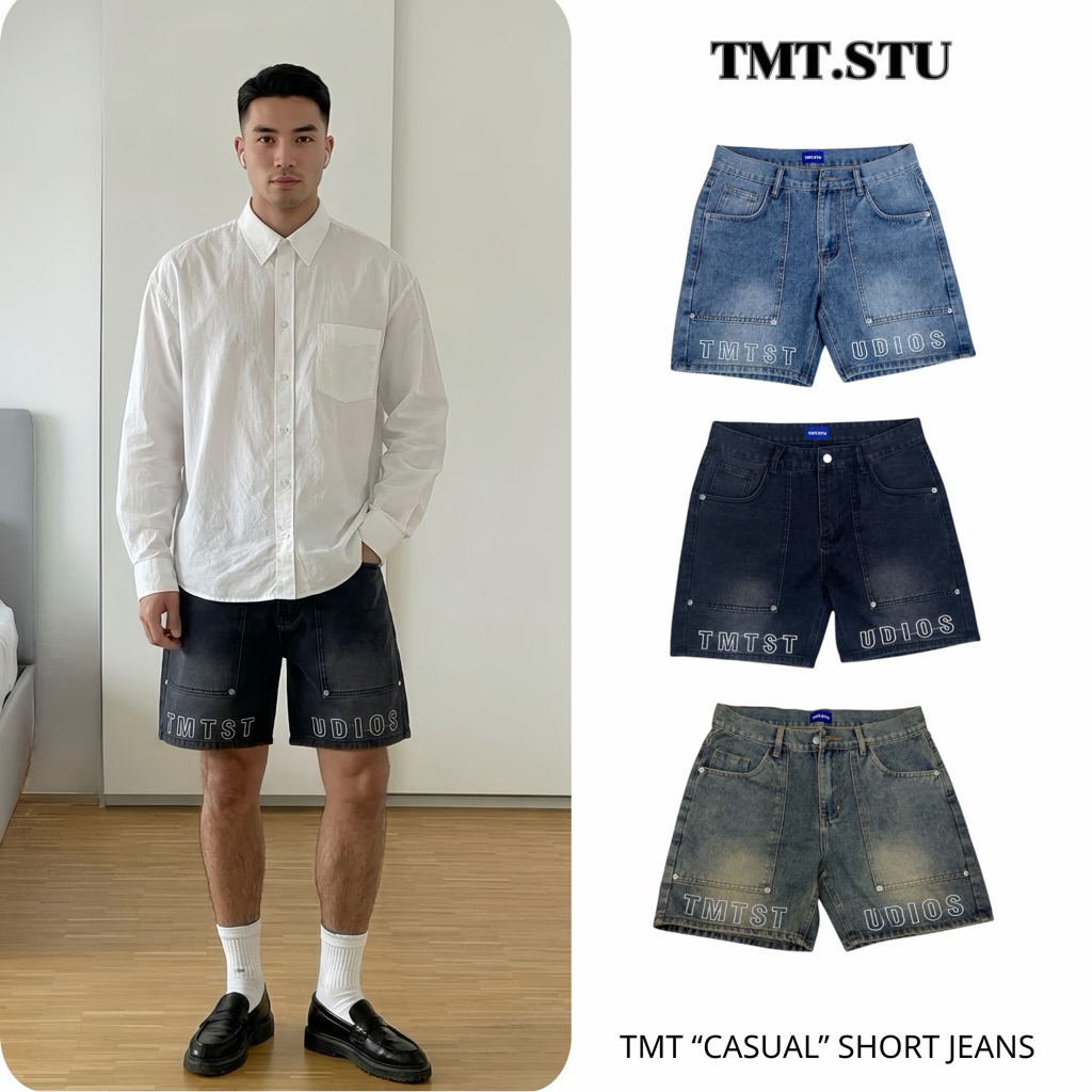 Quần Short Jeans Nam Form Rộng Thêu Chữ Denim Cao Cấp Trên Gối Unisex Local Brand TMT.STU | TMTD10