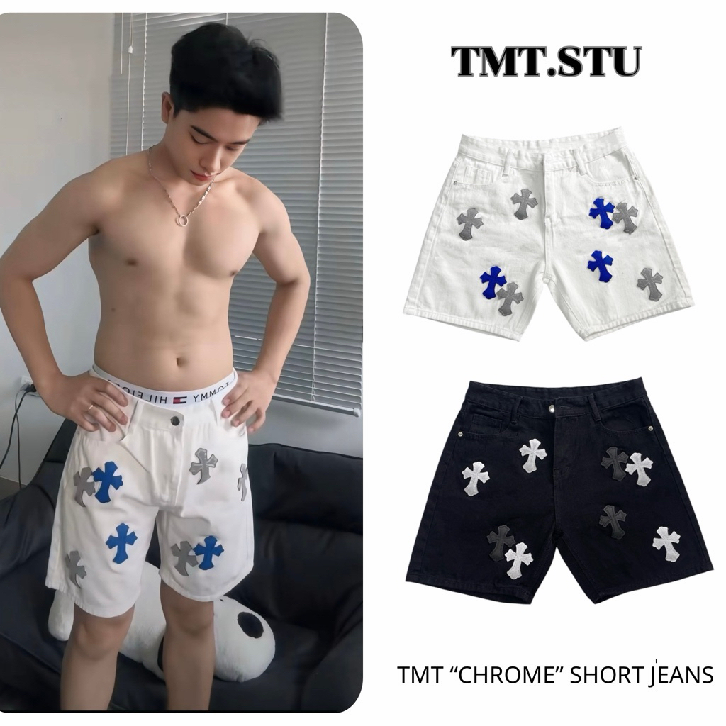 Quần Short Jeans Nam Chrome Hearts Thêu Da Chữ Thập Form Rộng Trên Gối Denim Unisex TMT.STU | TMTD17