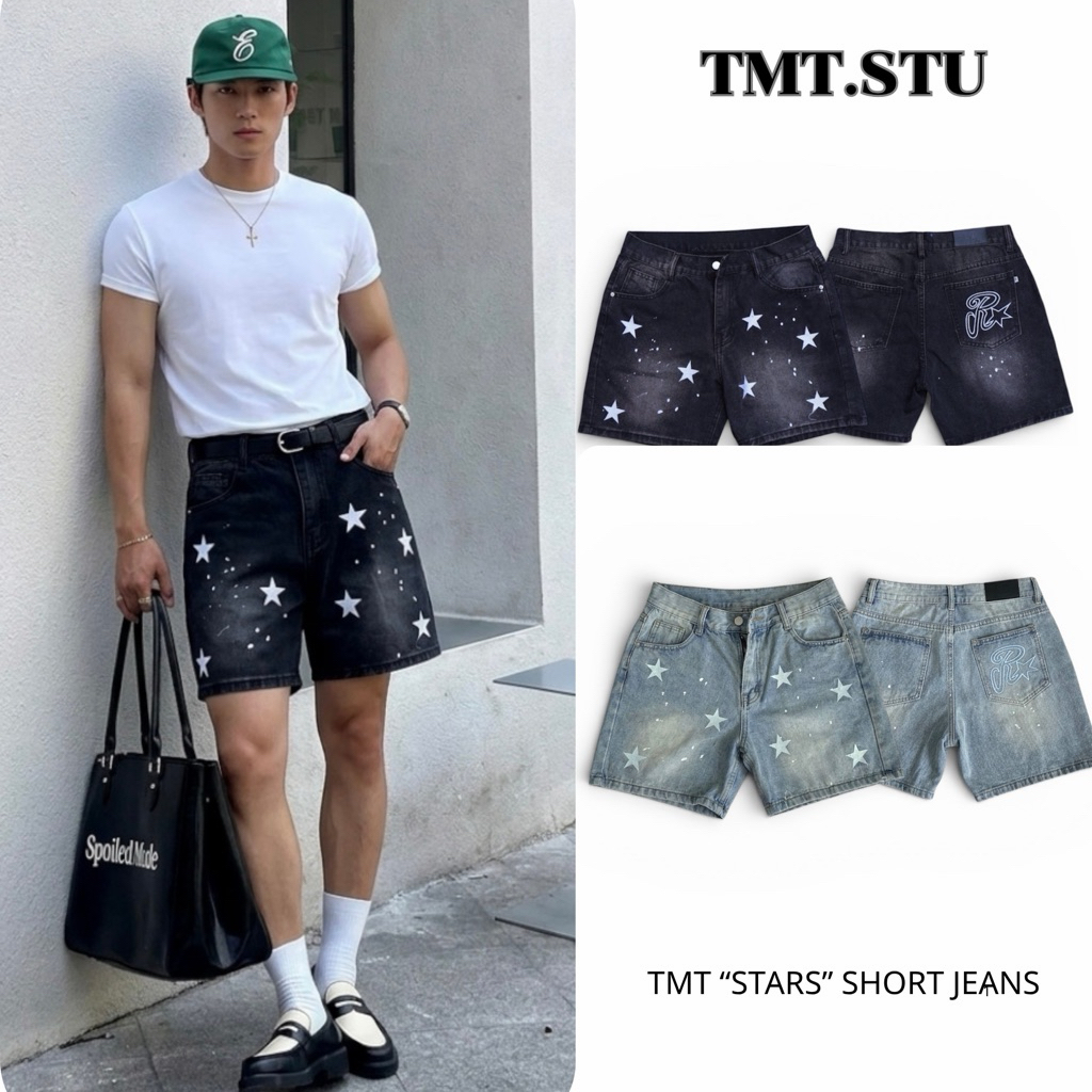 Quần Short Jean Thêu Ngôi Sao Unisex Form Trên Gối, Jean Cotton Denim 360GSM Dày Dặn, Local Brand TMT.STU | TMTD43