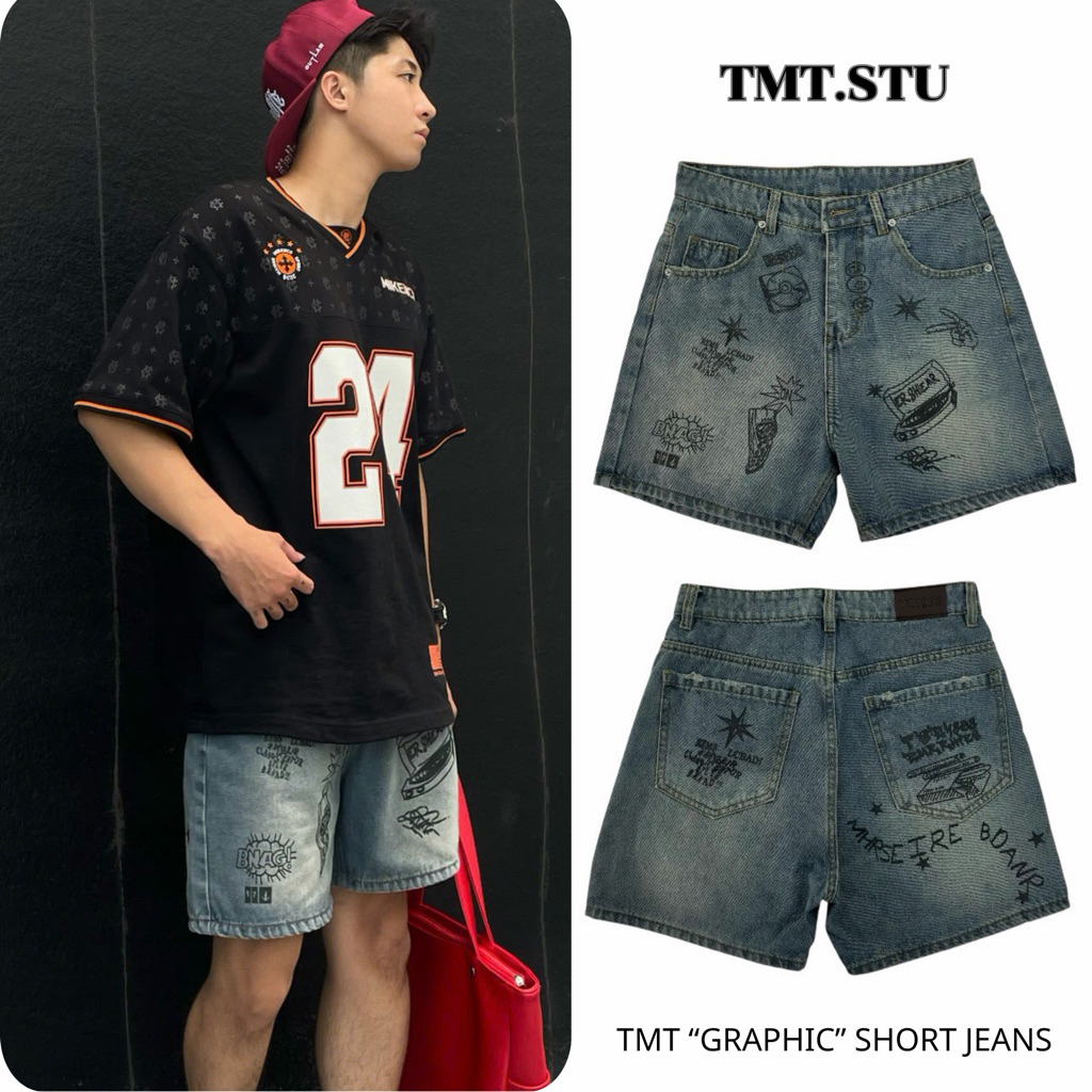 Quần Short Jean In Graphic Unisex Form Trên Gối, Jean Cotton Denim 360GSM, Wash Vintage, Local Brand TMT.STU | TMTD44
