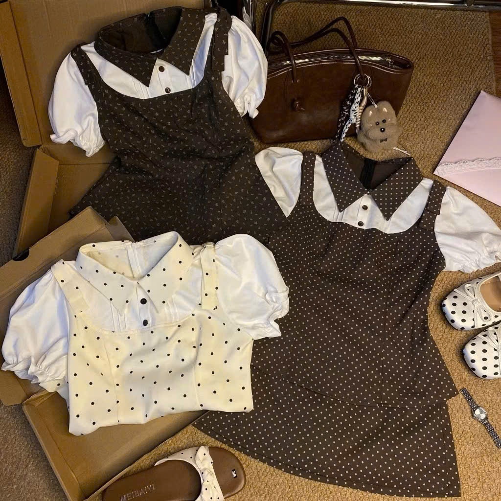 Set Đồ Nữ Áo Sơ Mi Tay Bồng Kèm Chân Váy A Họa Tiết Xinh Xắn Style Hàn Quốc Đi Chơi Mùa Hè Joolate 2307