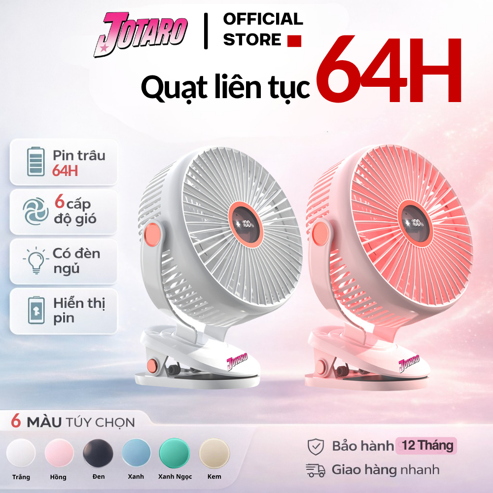 Quạt Tích Điện Kẹp LOẠI TO JOTARO J28 Pin Siêu Trâu 60Giờ, Hiện thị %pin, Dung Lượng Pin lớn, Lồng quạt 20cm