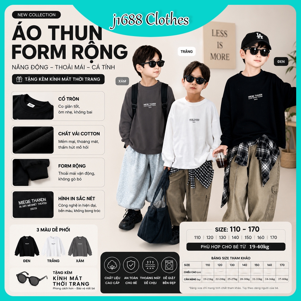Áo thun dài tay trẻ em chất cotton 19-40kg phong cách Hàn Quốc J1688 KIDS (Tặng Kính) - M0057