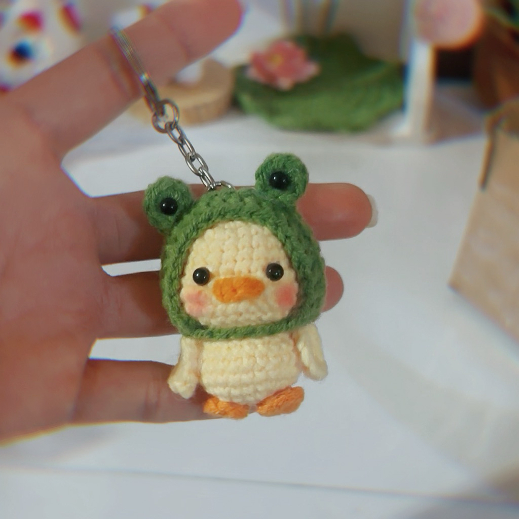 Móc khoá vịt mini đội mũ dễ thương, len handmade