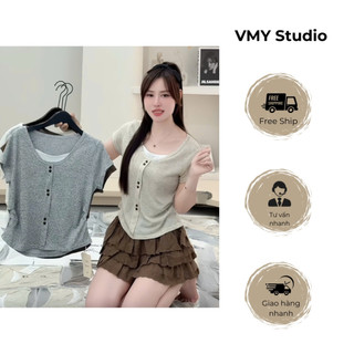 VMY Studio - Áo thun tay ngắn khuy đôi dúm eo trẻ trung, áo kiểu nữ khuy đôi dễ mặc siêu xinh nữ