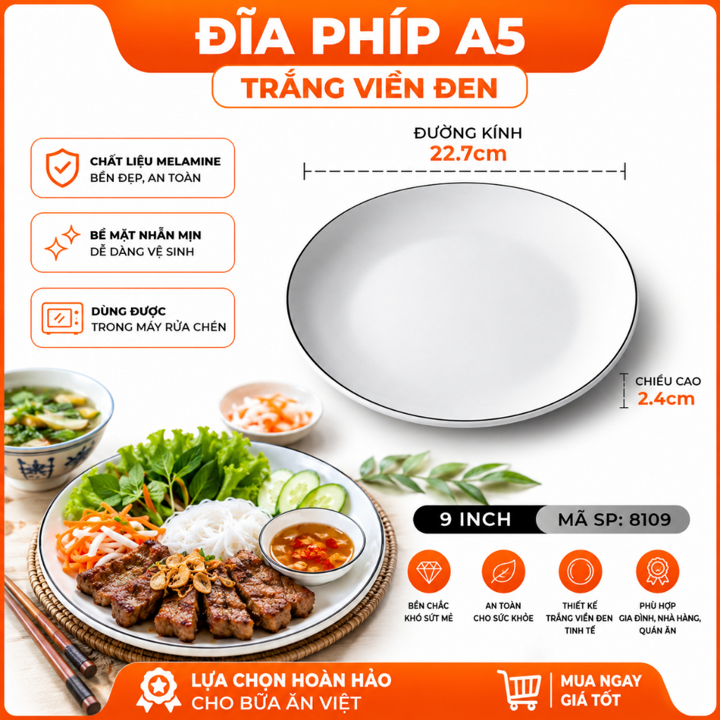 Đĩa Phíp ( Melamine A5 )  Trắng Viền Đen – Phong Cách Bắc Âu Cổ Điển Sang Trọng 8109