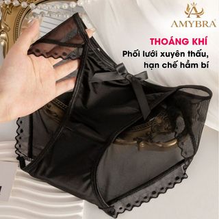 Quần lót ren lưới mỏng nhẹ đính nơ, Quần chip nữ cạp vừa phối lụa Satin mềm mại AMYBRA L8836
