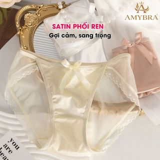 Quần lót ren lưới mỏng nhẹ đính nơ, Quần chip nữ cạp vừa phối lụa Satin mềm mại AMYBRA L8836