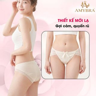 Quần lót ren lưới mỏng nhẹ đính nơ, Quần chip nữ cạp vừa phối lụa Satin mềm mại AMYBRA L8836