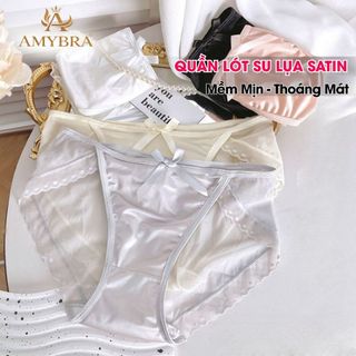 Quần lót ren lưới mỏng nhẹ đính nơ, Quần chip nữ cạp vừa phối lụa Satin mềm mại AMYBRA L8836
