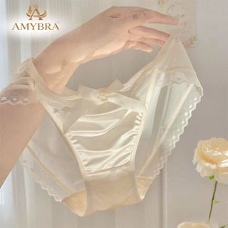Quần lót ren lưới mỏng nhẹ đính nơ, Quần chip nữ cạp vừa phối lụa Satin mềm mại AMYBRA L8836