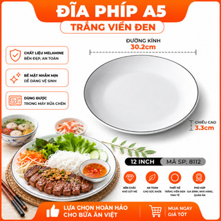 Đĩa Phíp ( Melamine A5 )  Trắng Viền Đen – Phong Cách Bắc Âu Cổ Điển Sang Trọng 8112